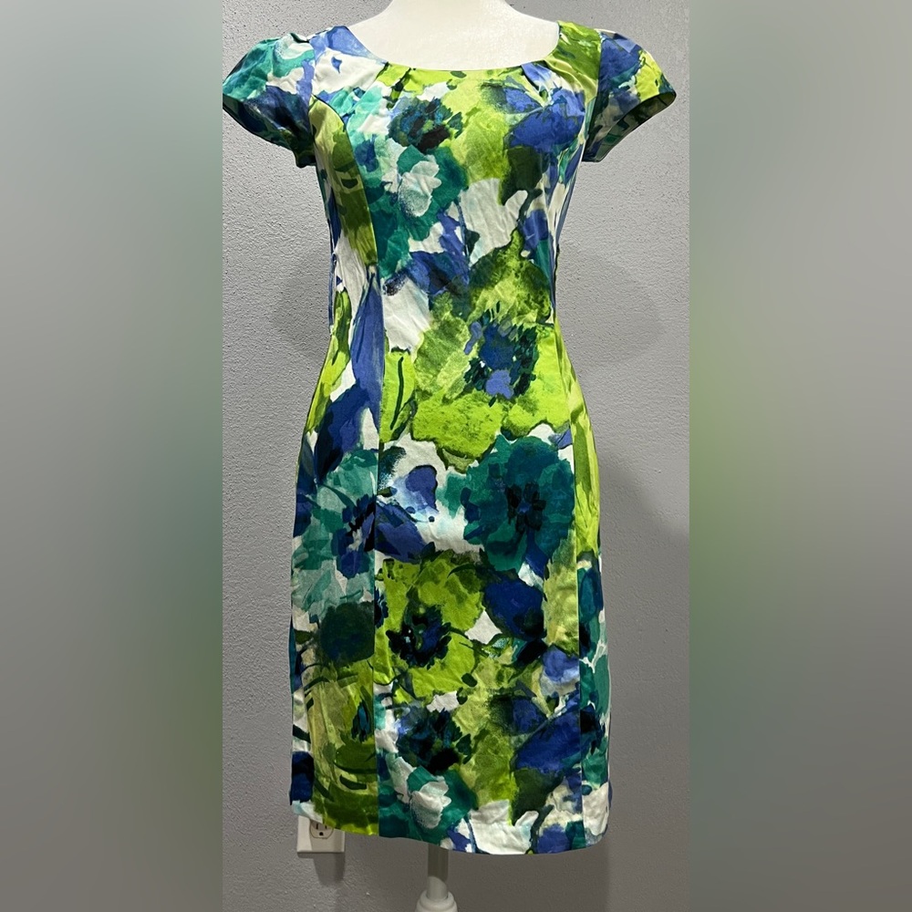 IZ Byer California Blue/Green Short Sleeve Floral Midi Dress Size 7